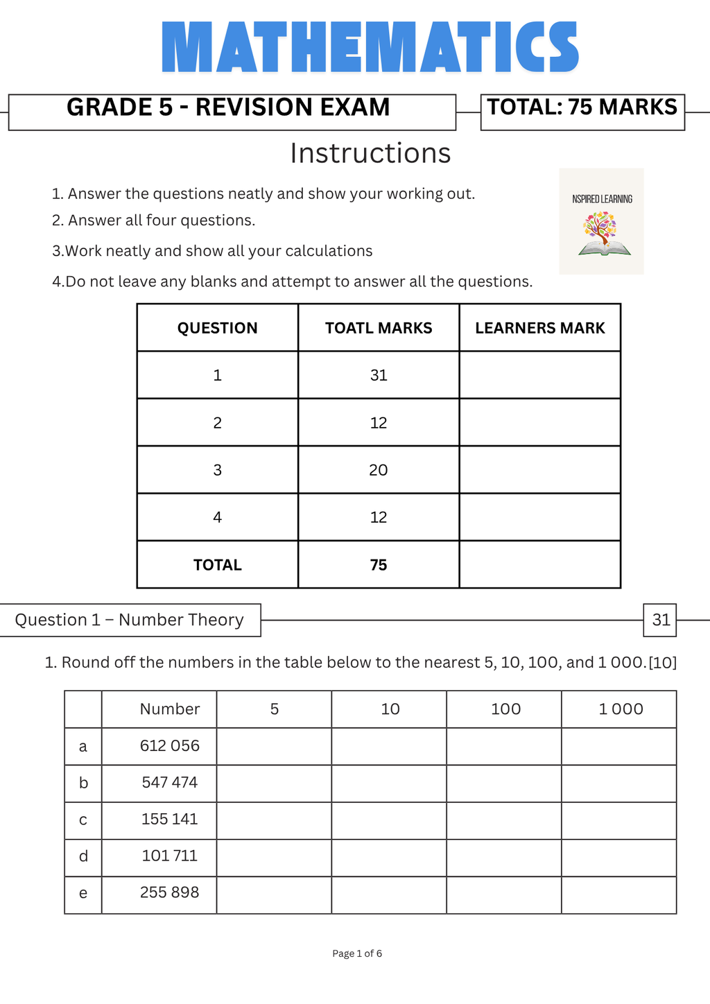 MATHS GRADE 5 REVISION JUNE EXAM